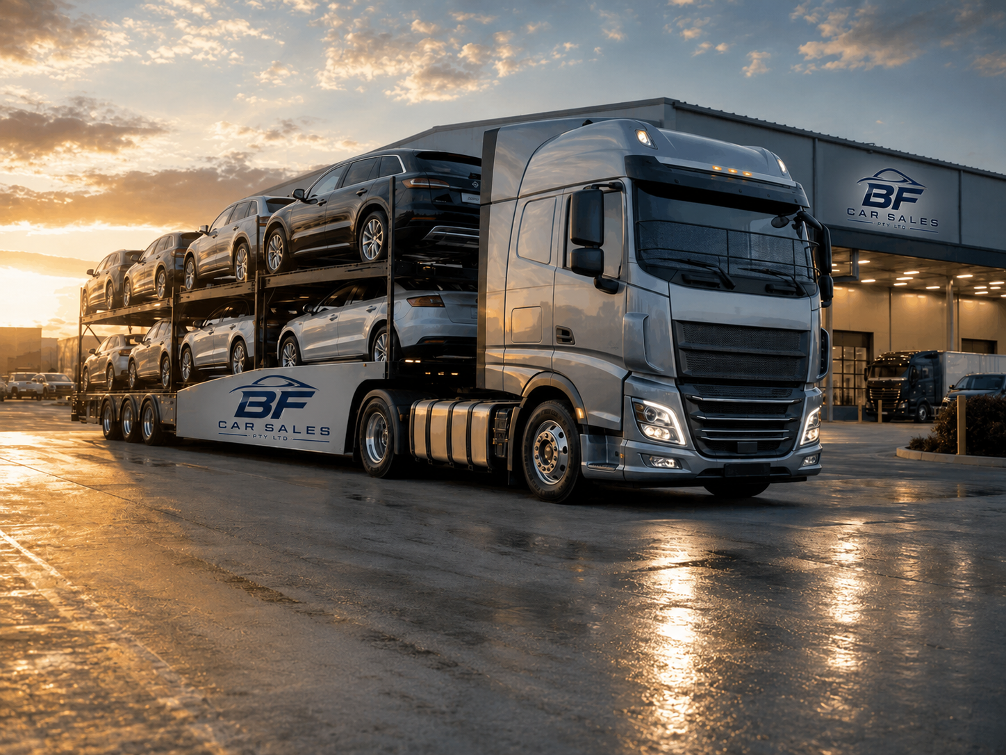 BF CAR SALES PTY LTD car carrier truck loaded with vehicles at sunrise