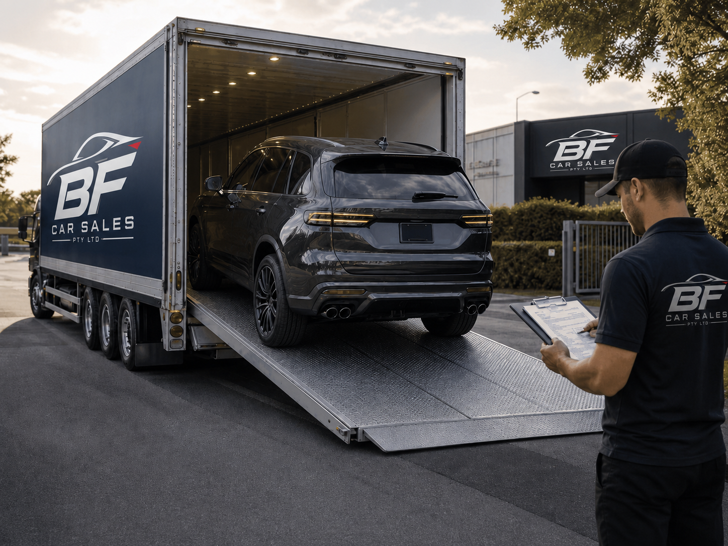 BF CAR SALES PTY LTD vehicle delivery truck unloading an SUV